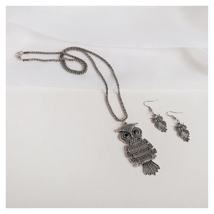 Гарнитур: серьги, кулон "Сова", цвет чернёное серебро, L=60 Queen Fair