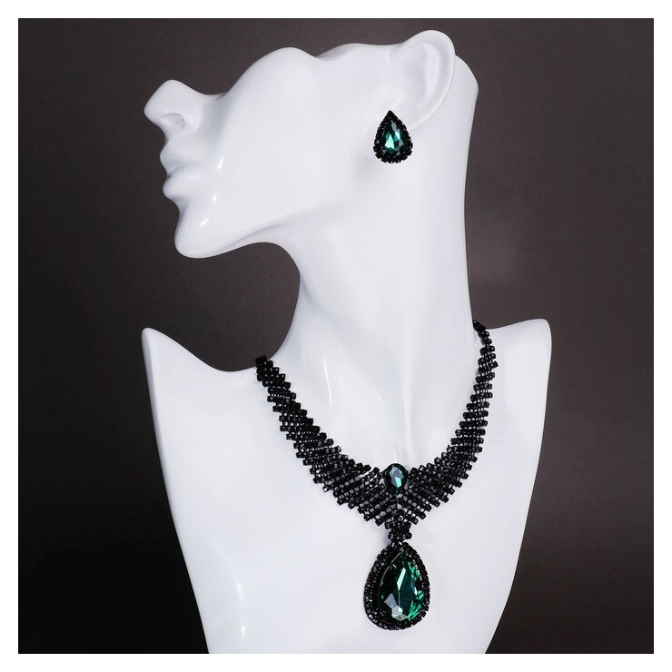 Набор 2 предмета: серьги, колье "Вернисаж" капля, цвет изумрудный в чёрном металле  Queen Fair