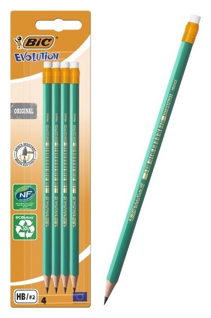 

Набор карандашей чернографитных, 4 шт., BIC Evolution Ecolutions, НВ, пластиковые, с ластиком