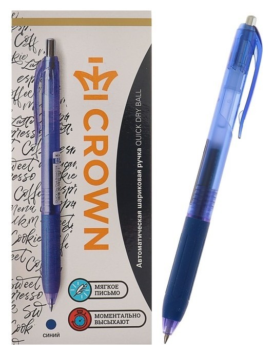 Ручка шариковая автоматическая Crown Quick Dry, узел 0.5 мм, чернила синие, грип
