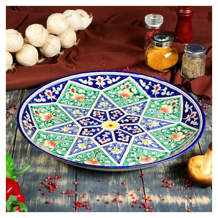 Ляган круглый «Риштан», 36 см, зелёный, орнамент бело-синий Риштанская керамика