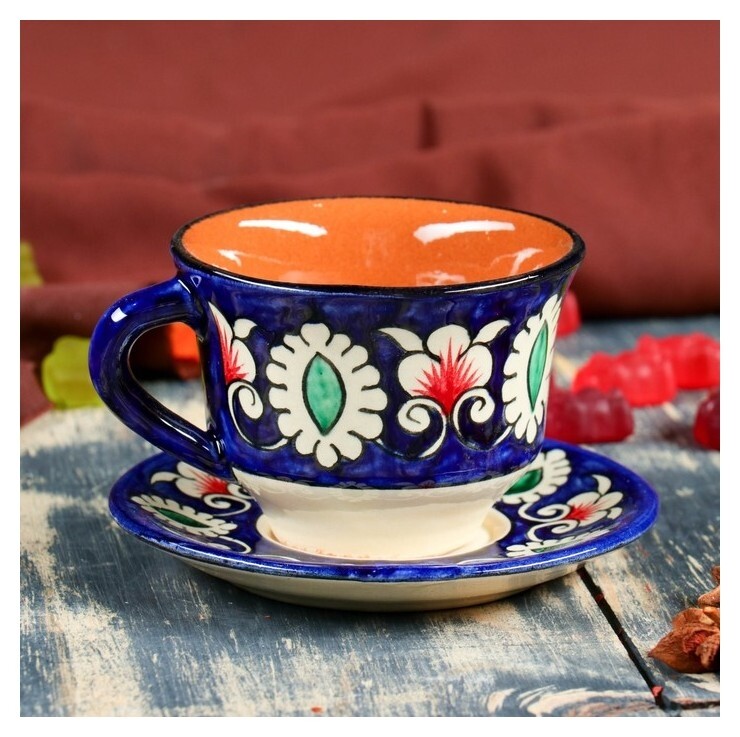 Чайная пара «Риштан»: чашка 0.1 л, 7.5 см, блюдце 10 см  Риштанская керамика