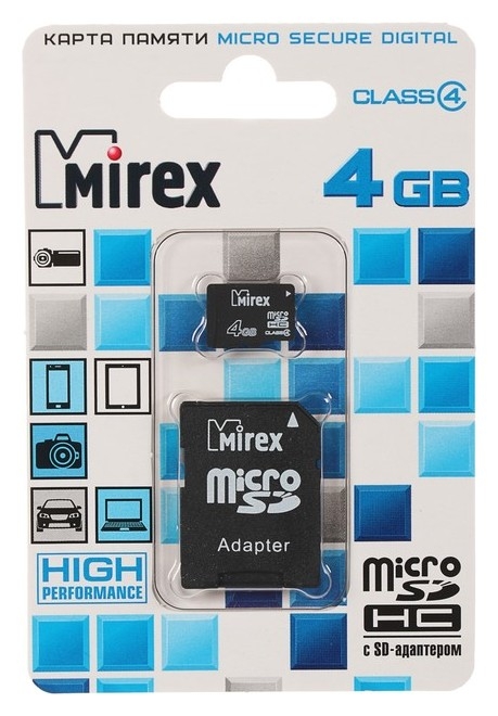 Карта памяти Mirex Microsd, 4 Гб, Sdhc, класс 4, с адаптером SD