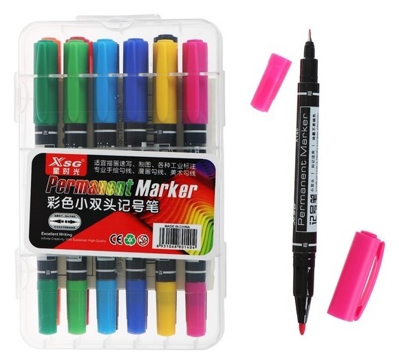 Набор маркеров перманентных 12 цветов двусторонних 0,5мм/1,0мм в пластиковом пенале