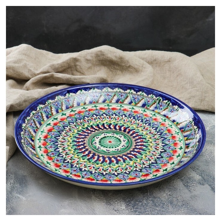 Ляган круглый риштанская керамика, 36см, сине-жёлтый орнамент  Риштанская керамика