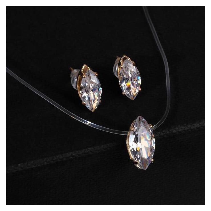 Гарнитур 2 предмета: серьги, кулон "На леске" эллипс, цвет белый в золоте  