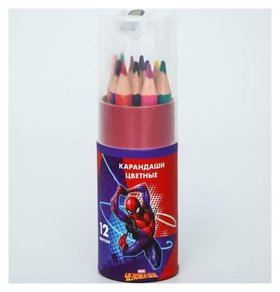 Карандаши цветные с точилкой в тубусе мини, 12 цветов, "Супергерой", человек-паук Marvel Comics