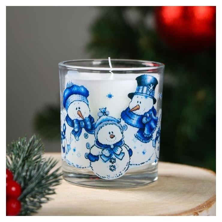 Свеча в стекле новогодняя Семейство снеговиков 7.8×7 см