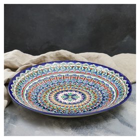 Ляган круглый риштанская керамика, 41см, сине-красный, мелкий орнамент Риштанская керамика