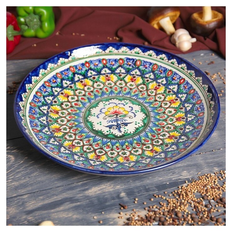 Ляган круглый риштанская керамика, 31см, сине-зелёные узоры  Риштанская керамика