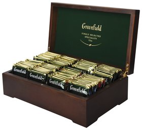 Чай в деревянной шкатулке набор 96 пакетиков 8 вкусов по 12 пакетиков Greenfield