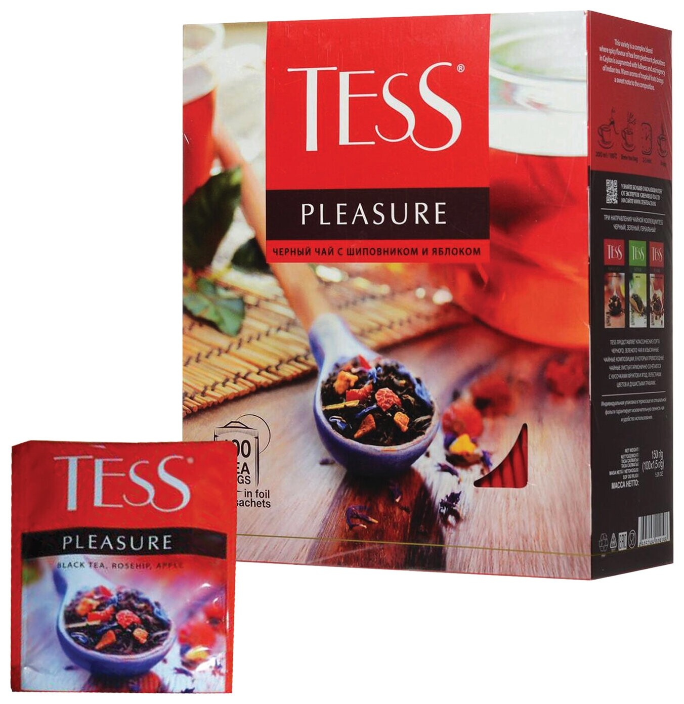Чай Tess (Тесс) "Pleasure", черный с шиповником и яблоком, 100 пакетиков по 1,5 г, 0919-09  Tess