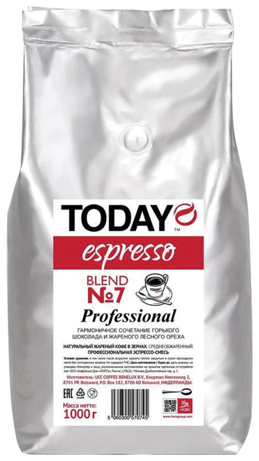 Кофе в зернах Today Espresso Blend №7, натуральный, 1000 г, вакуумная упаковка, To10004004 Today