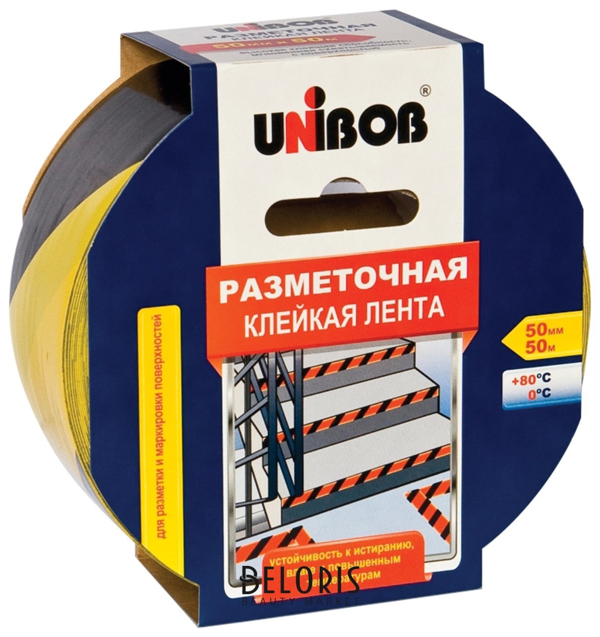 Клейкая лента разметочная 50 мм х 50 м, желто-черная, Unibob, основа-пвх, европодвес, 48905 Unibob