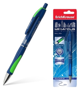 Ручка шариковая автоматическая Megapolis Concept, резиновый упор, узел 0.7 мм, чернила синие, длина линии письма 1000 метров, в блистере Erich krause