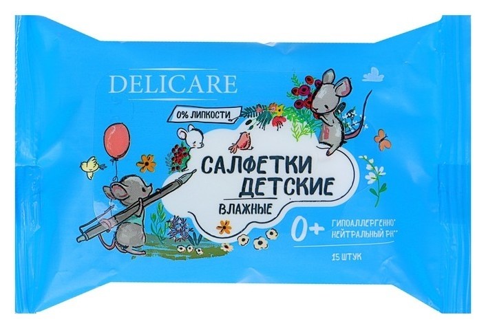 

Влажные салфетки Delicare для детей мышата, 15 шт в упак.