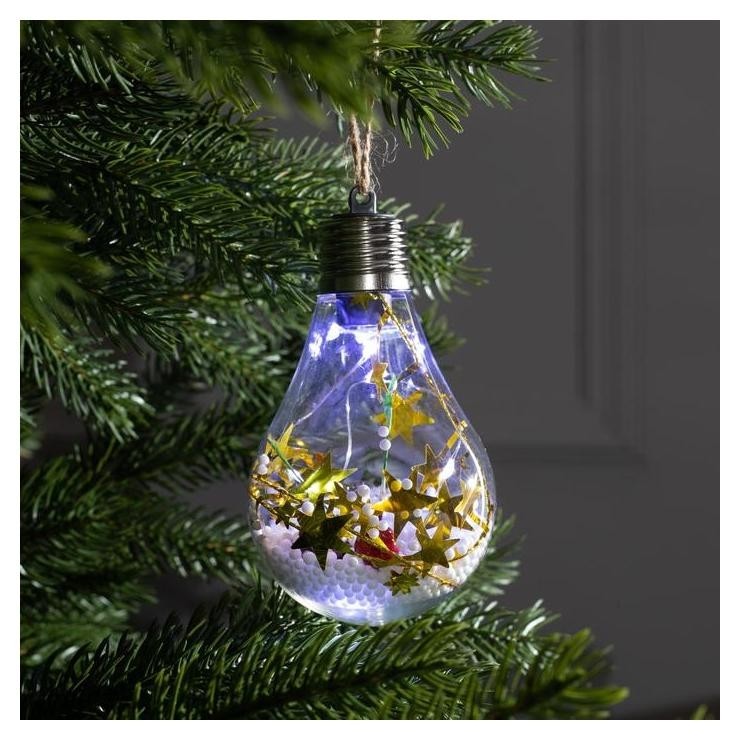 

Елочный шар лампочка "Шишки с желтой мишурой", 5 Led, от батареек, белый, Прозрачный