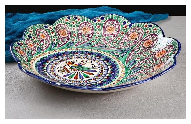 Ляган рифленый 41 см павлин  Риштанская керамика