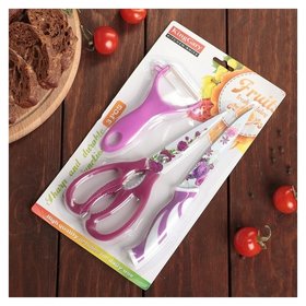 Набор кухонный «Цветение», 3 предмета: нож 12,5 см, ножницы, овощечистка, цвет фиолетовый KingGary
