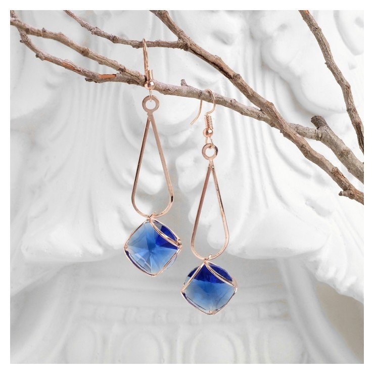 

Серьги висячие со стразами "Капля с ромбом", цвет синий в розовом золоте