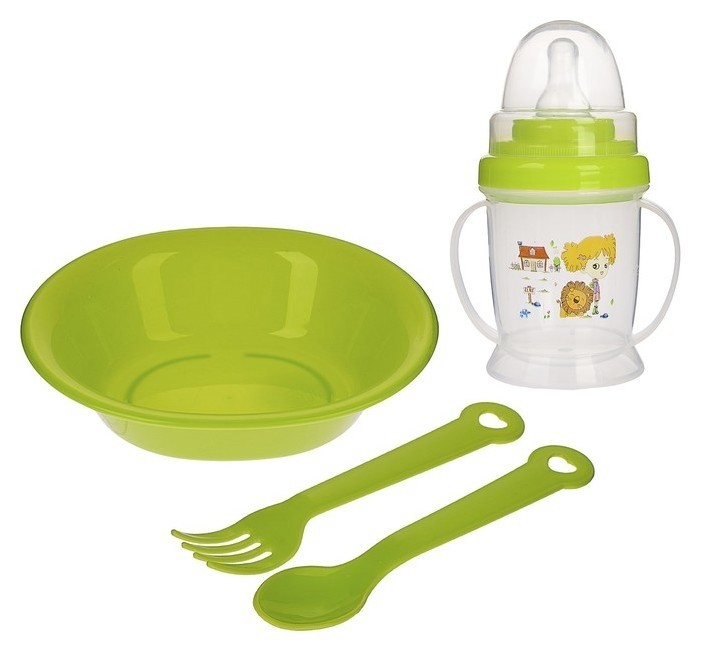 Набор детской посуды, 4 предмета: миска, ложка, вилка, поильник с соской 200 мл