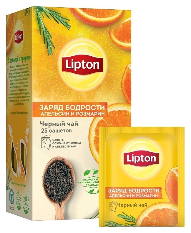 

Чай Lipton заряд бодрости с апельсин. и листьями розмарина черный, 25пак/уп
