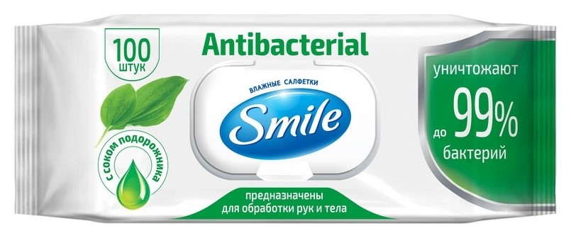 

Салфетки влажные Smile Antibacterial с подорожником 100 шт./уп 42113620