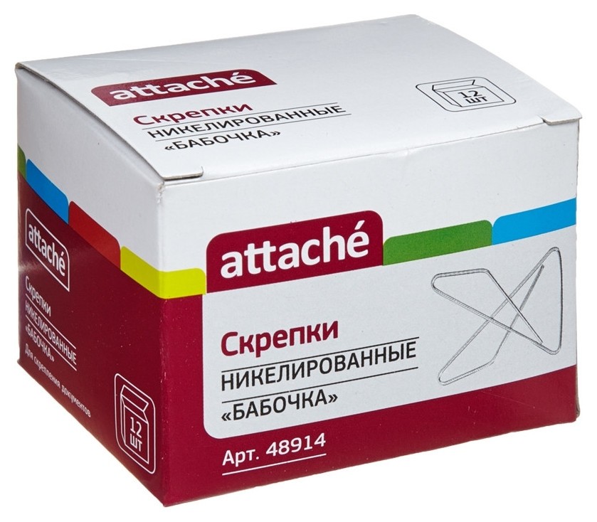 

Скрепки Attache бабочка, 50 мм никелированные, 12 шт. в карт.уп., Серебристый