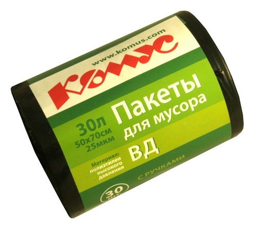 

Мешки для мусора ПВД 30л 25мкм 30шт/рул черные 50x70см комус с ручками, Черный