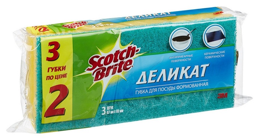 Губки Scotch-brite формованная деликат 67ммх93мм 3 шт/упак Ns-n-7090-3