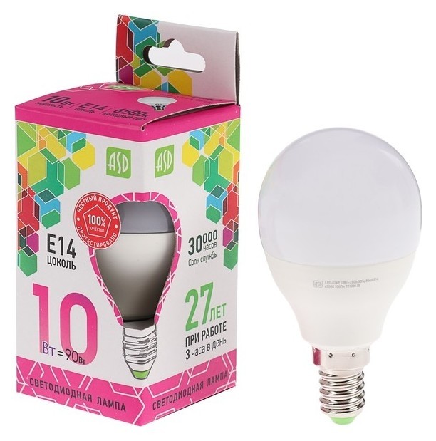 

Лампа светодиодная ASD Led-шар-standard, е14, 10 Вт, 230 В, 6500 К, 900 Лм