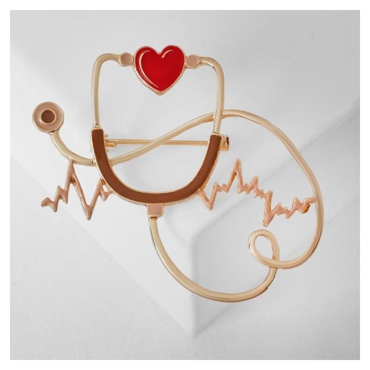 

Брошь "Стетоскоп" кардиограмма, цвет красно-коричневый в золоте, Красный