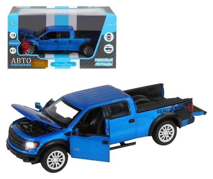 

Машина металлическая Ford F-150 SVT Raptor 1:34, инерция, световые и звуковые эффекты, открываются двери, капот, цвет синий