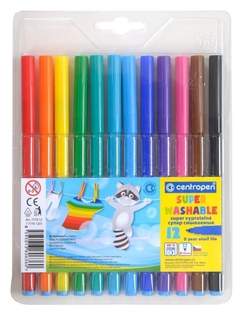 

Фломастеры 12 цветов Centropen Super Washable, суперсмываемые