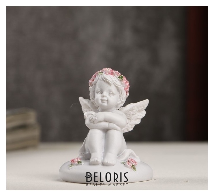 Сувенир полистоун Белоснежный ангел в розовом веночке на сердце 6,2х5х4,5 см NNB