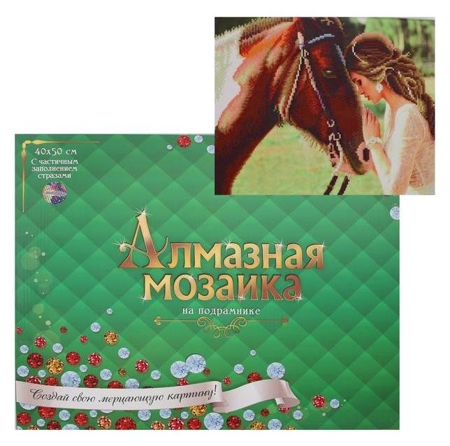 Алмазная мозаика блестящая 40х50 см, с частичным заполнением, 24 цветов «Прекрасная девушка и лошадь» Рыжий кот (Red cat toys)