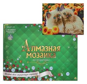 Алмазная мозаика блестящая 30х40 см, с подрамником, с частичным заполнением, 26 цветов «Серые котята в корзине» Рыжий кот (Red cat toys)