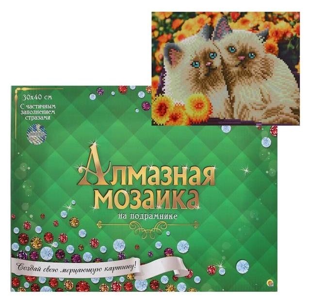

Алмазная мозаика блестящая 30х40 см, с подрамником, с частичным заполнением, 26 цветов «Серые котята в корзине»