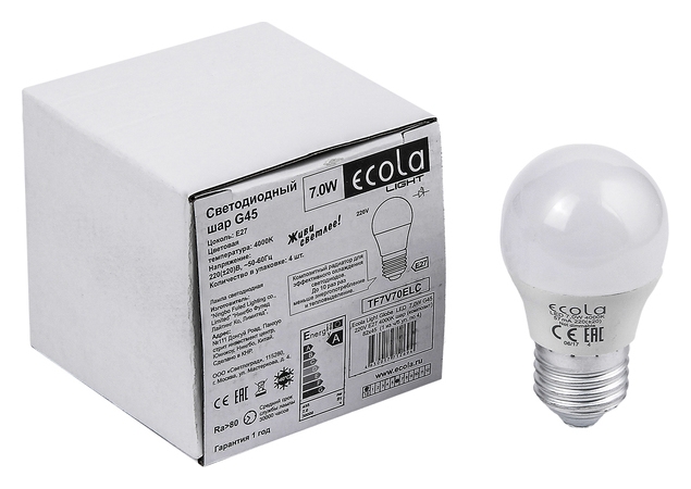 Лампа светодиодная Ecola Light, G45, 7 Вт, E27, 4000 K, 220 В, 82x45 мм, шар