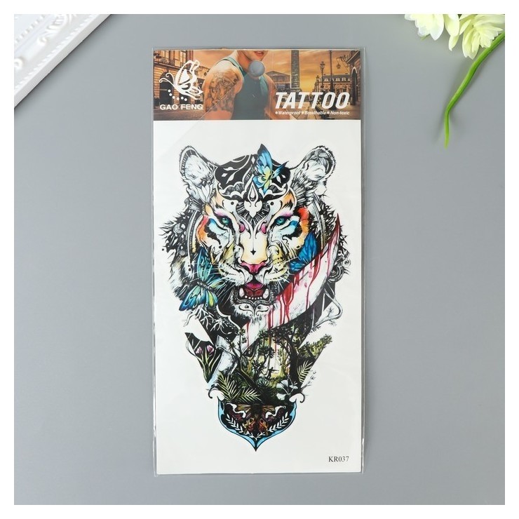 

Татуировка на тело цветная "Тигр с бабочками" 20х10 см
