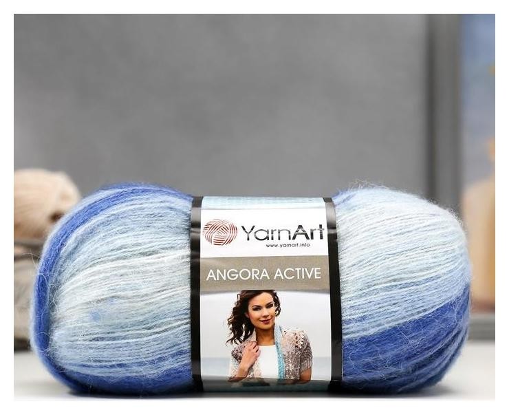 

Пряжа "Angora Active" 25% мохер, 75% акрил 500м/100гр (842 син-гол-бел), Синий