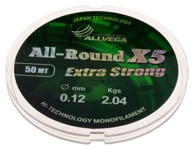 Леска монофильная Allvega All-round X5, 50 м, 0,12 мм (2,04 кг), прозрачная Allvega