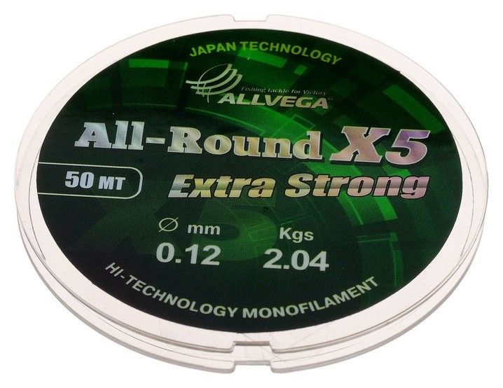 

Леска монофильная Allvega All-round X5, 50 м, 0,12 мм (2,04 кг), прозрачная, Прозрачный