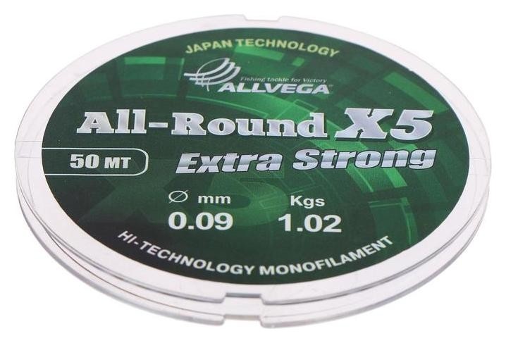 

Леска монофильная Allvega All-round X5, 50 м, 0,09 мм (1,02 кг), прозрачная, Прозрачный
