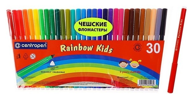 

Фломастеры 30 цветов Rainbow Kids, линия 1.0 мм