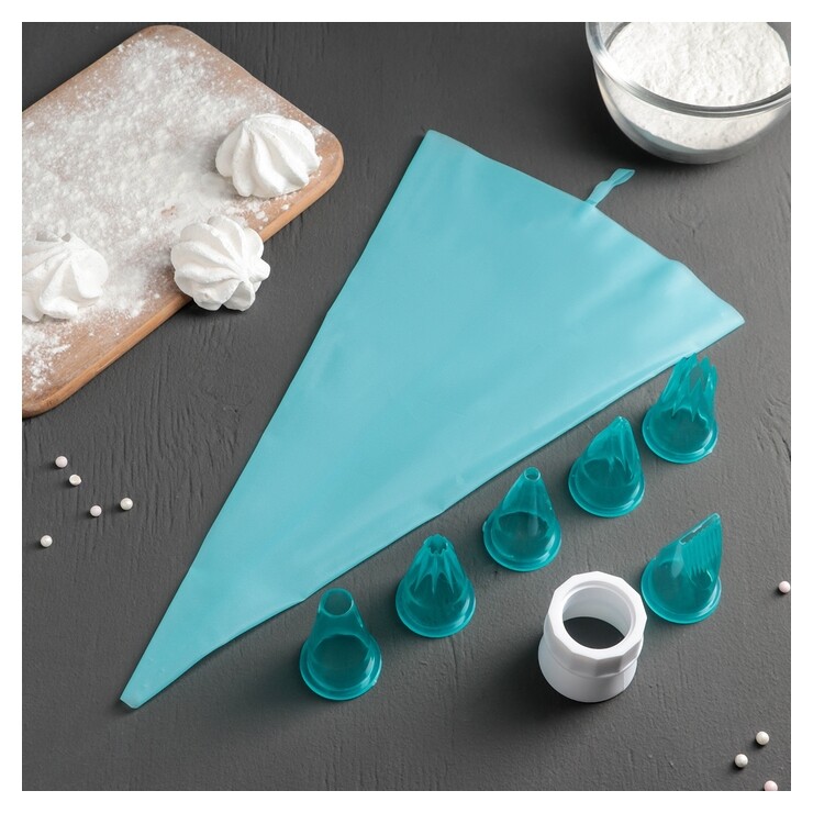 Мешок кондитерский доляна «Бирюза», 6 насадок (Основание насадки 2,5 см), 29×19×3,5 см  Доляна