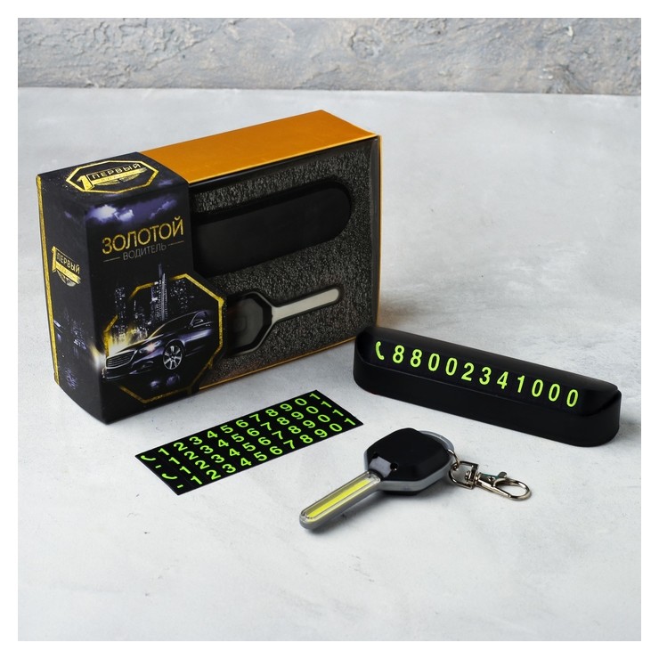 

Набор аксессуаров для автомобиля «Золотой водитель» 2 в 1 (Табличка для номера и брелок с фонариком)