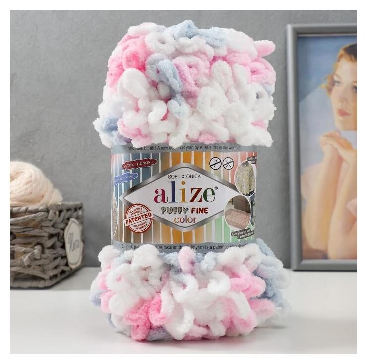 Пряжа "Puffy Fine Color" 100% микрополиэстер 14,5м/100гр (5945 бел-сер-роз)  Alize