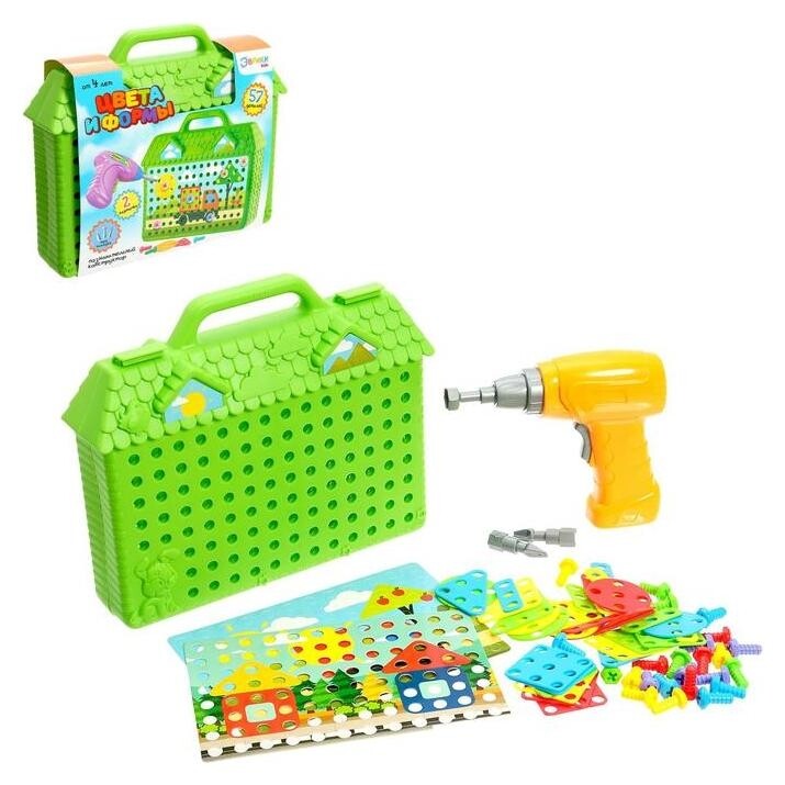 Конструктор в чемоданчике «Цвета и формы», с электрическим шуруповёртом, 2 карточки, 57 деталей  Эврики