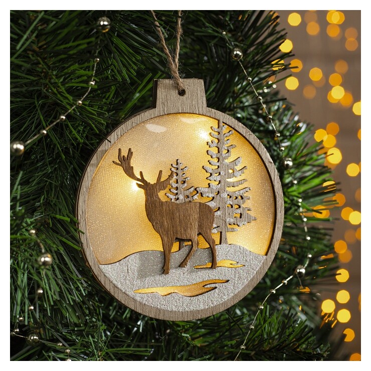 Подвеска световая шарик "Величавый олень в лесу", 12х13х1 см, 4 Led, бат.(В комп), т/белый  LuazON Home